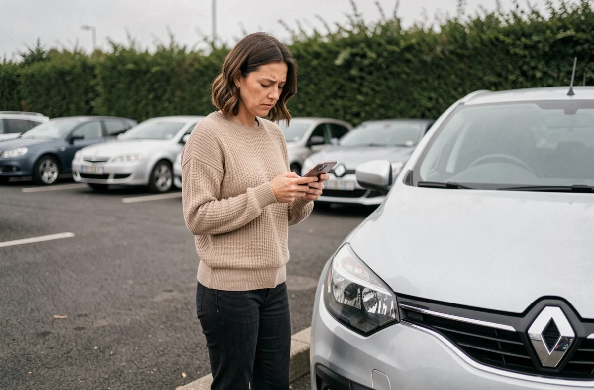 Femme consultant son téléphone près de sa Renault Megane diesel dans un parking, illustrant les préoccupations de fiabilité moteur