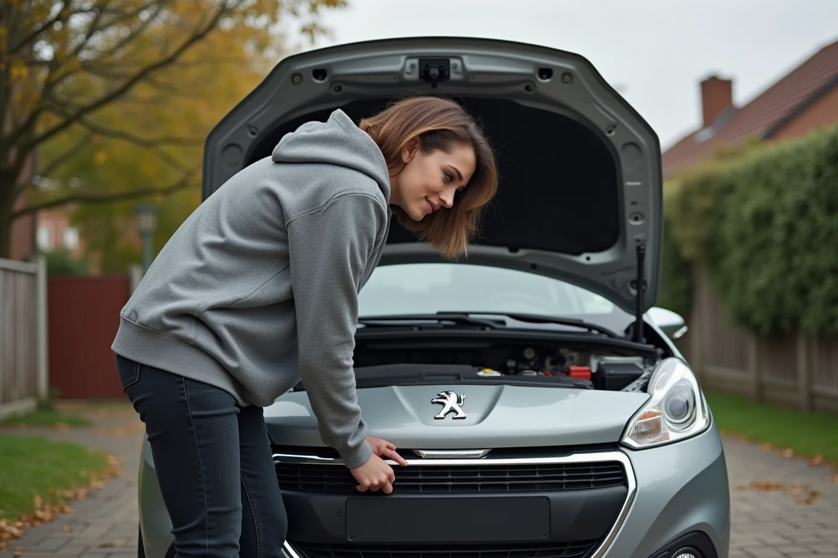 Femme vérifiant le niveau d'huile moteur de sa Peugeot 208 essence avec la jauge dans une allée résidentielle