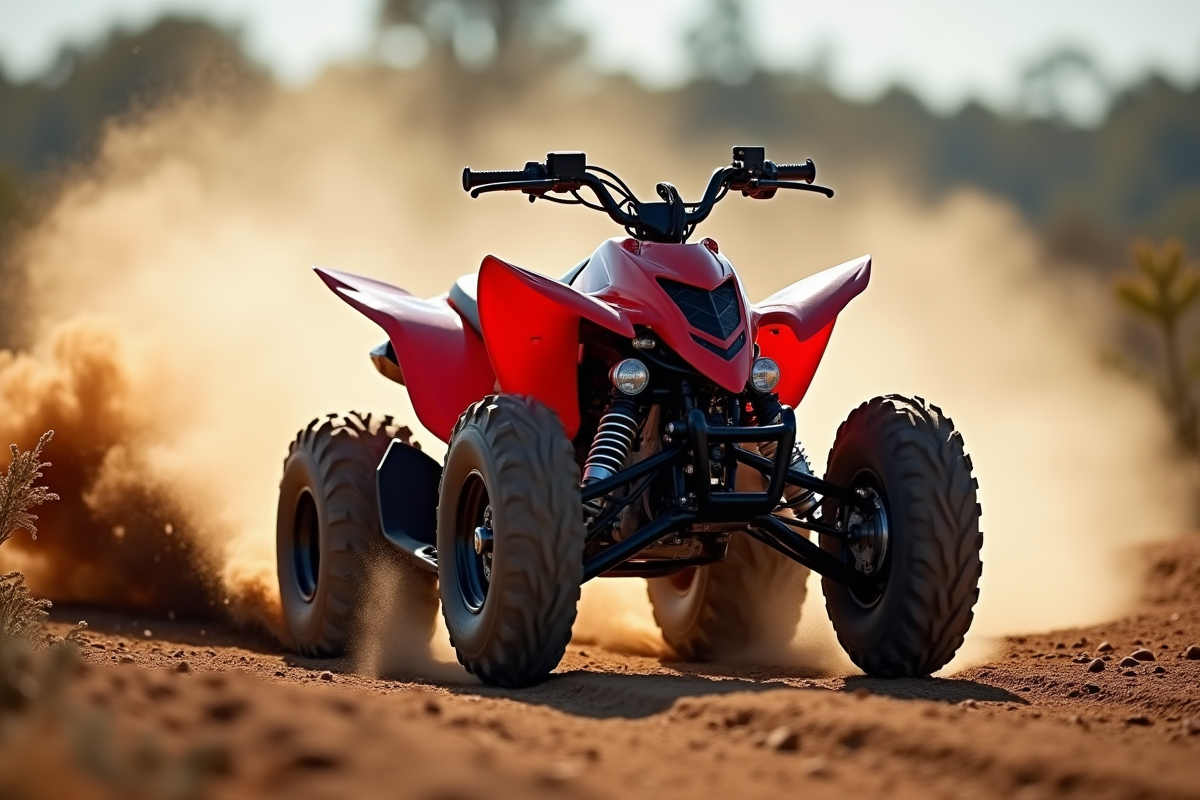 Quad 400cc en action sur sentier poussiereux en plein jour
