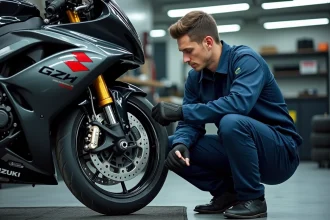 Technicien réglant la suspension avant d'une Suzuki GSX-R 750 dans un atelier moto professionnel