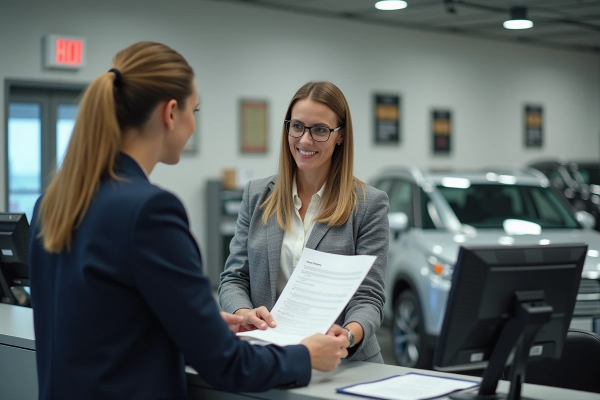 Cliente remettant ses documents de véhicule à un employé de garage pour l'immatriculation de sa voiture