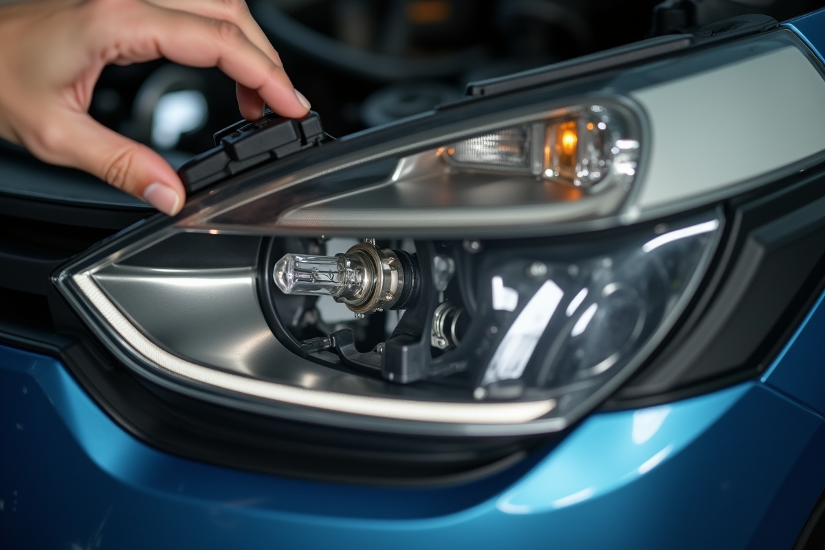 Main remplaçant l'ampoule du phare de la Renault Clio 4