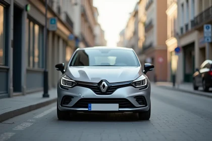 Renault Clio 2026 vue de trois quarts avant garée en ville, comparatif des versions les plus vendues