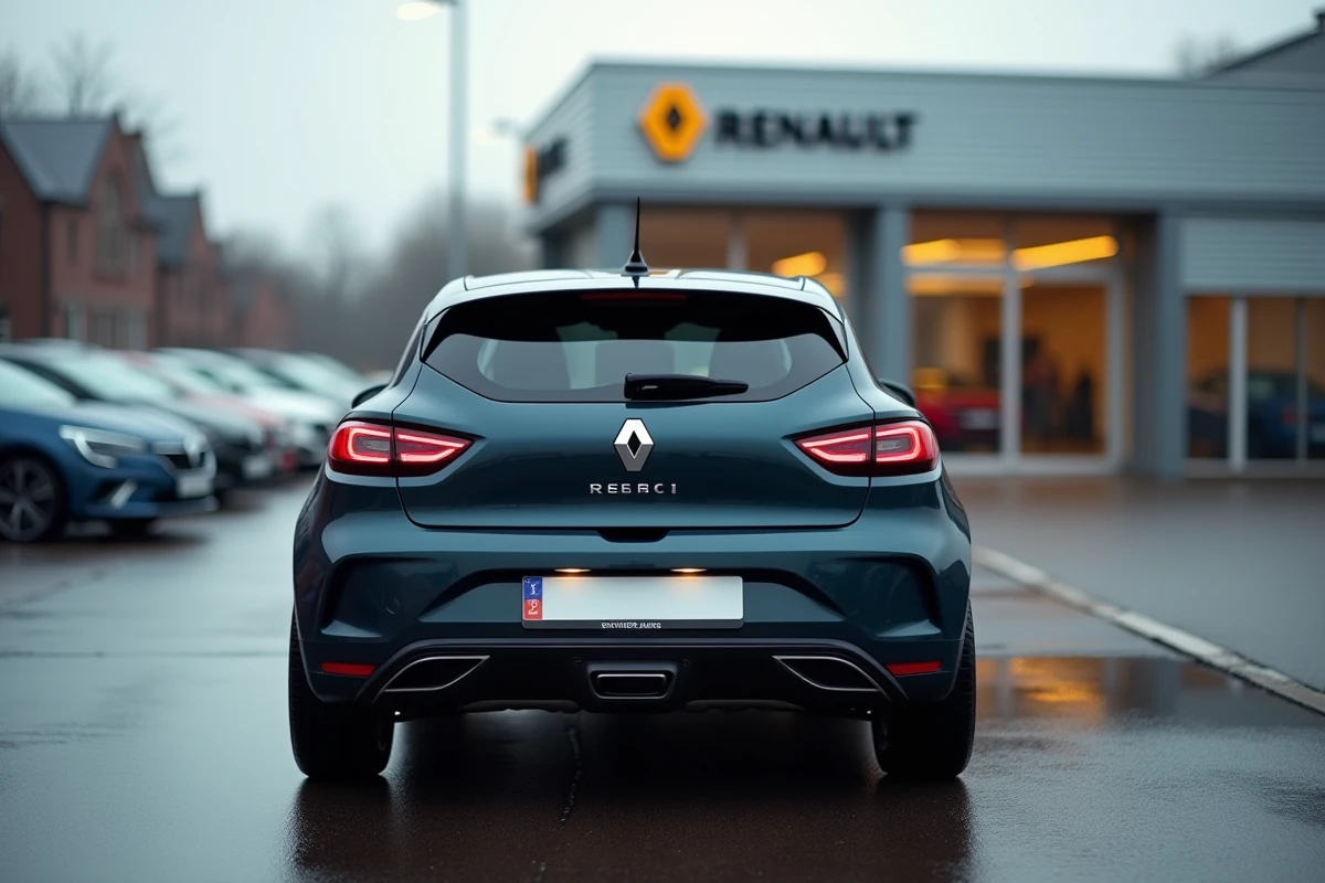 Renault Clio 2026 vue arrière trois quarts dans un parking concessionnaire, poids et dimensions des versions disponibles