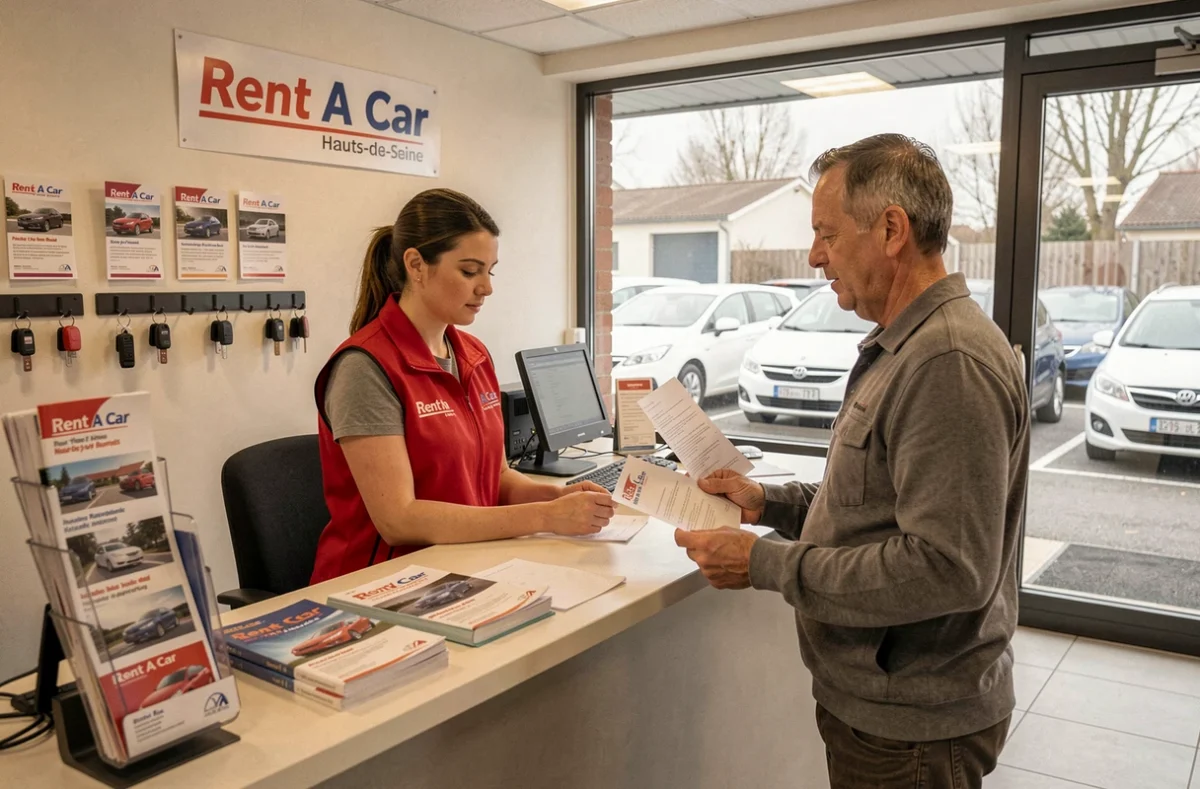 Une agente de Rent A Car Hauts-de-Seine en gilet rouge remet un contrat de location à un client au comptoir de l'agence