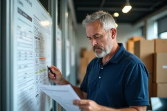 Responsable logistique analysant un planning de livraison face aux interdictions de circulation poids lourds
