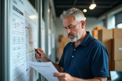 Responsable logistique analysant un planning de livraison face aux interdictions de circulation poids lourds