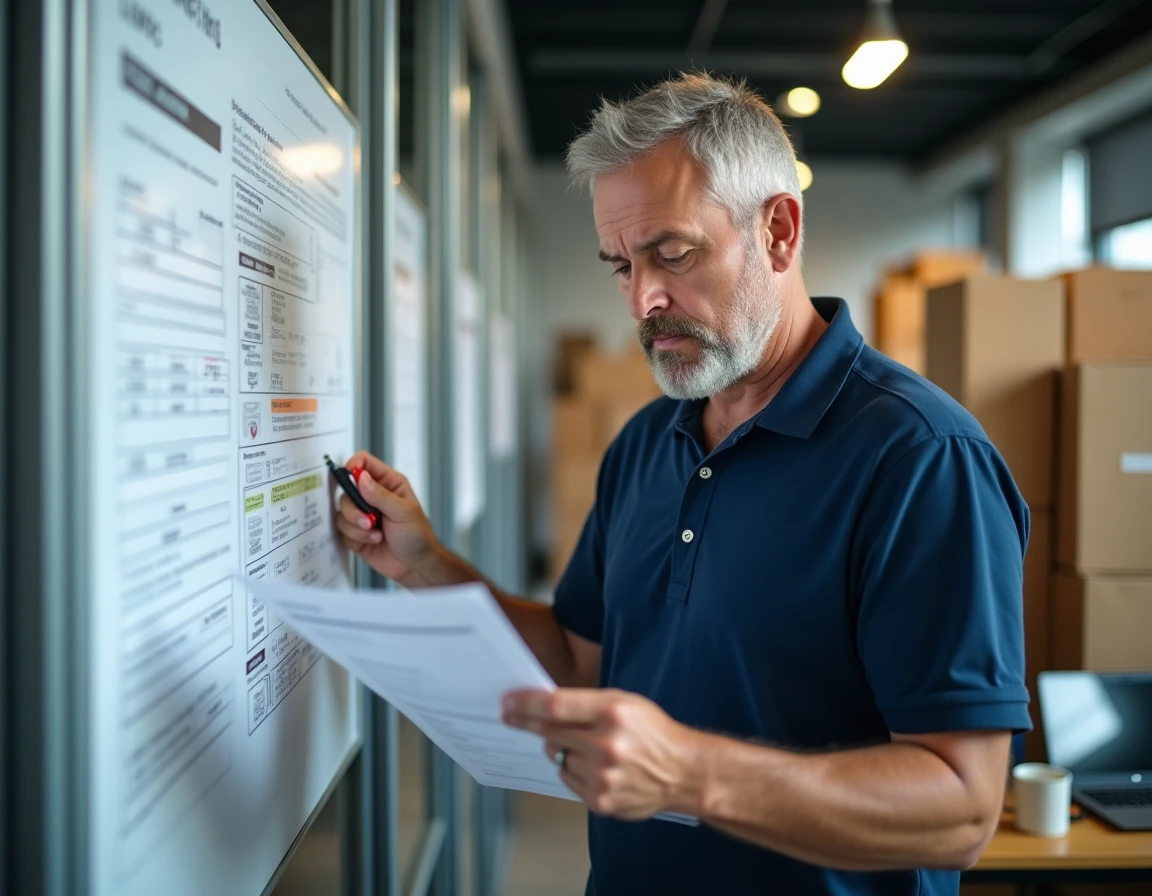 Responsable logistique analysant un planning de livraison face aux interdictions de circulation poids lourds
