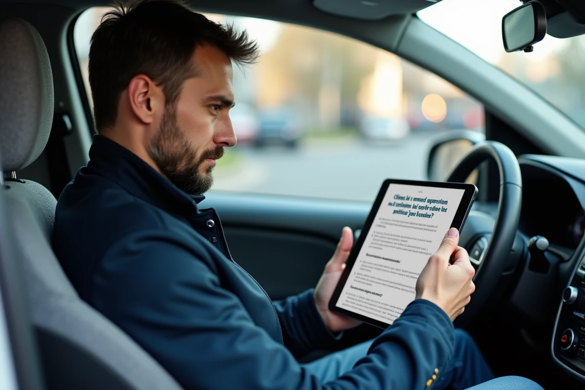 Homme consultant les questions du permis de conduire 2026 sur une tablette dans une voiture en ville