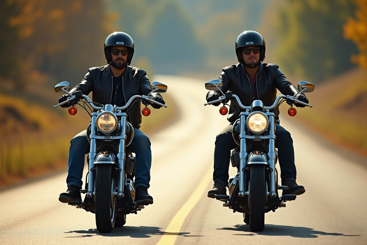 Deux motards Harley sur une route de campagne ensoleillée