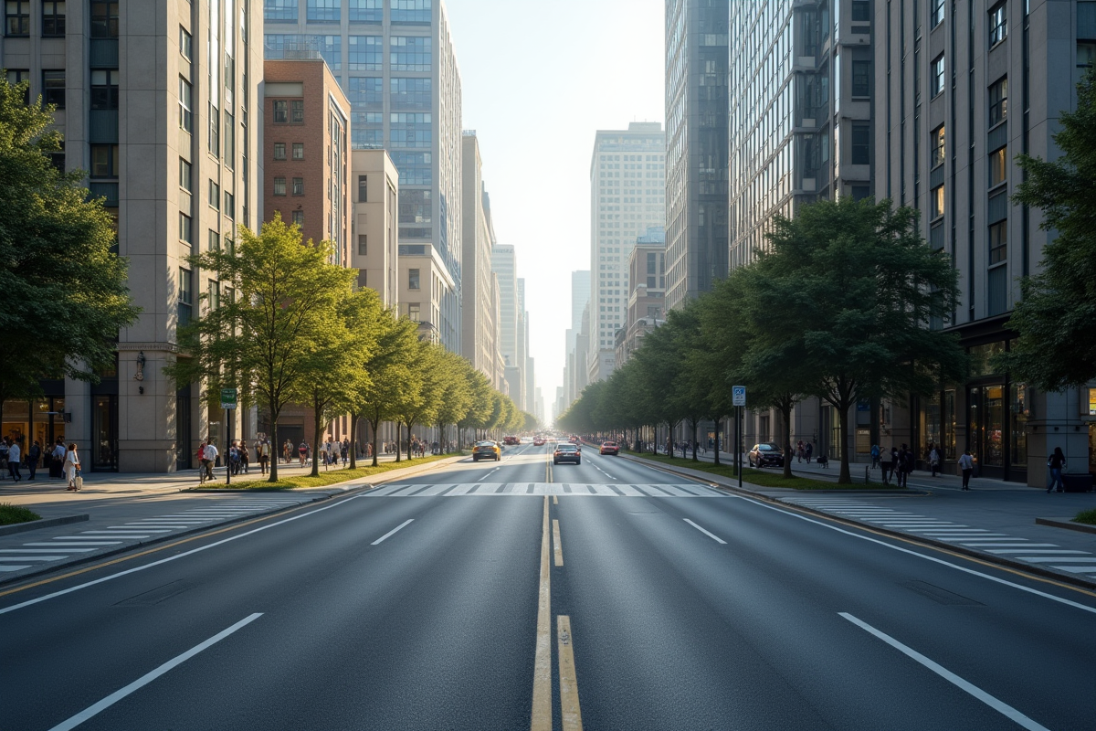 Route urbaine en asphalt avec bâtiments modernes