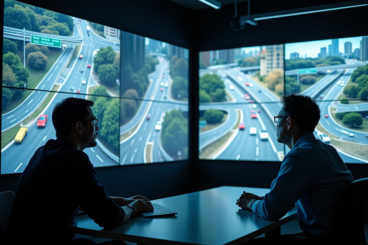 Salle de contrôle moderne avec écrans de surveillance du trafic