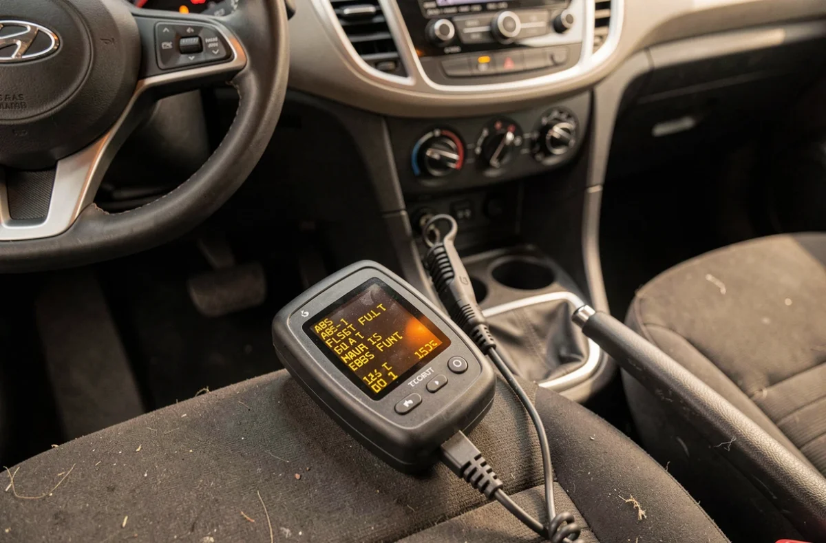 Scanner OBD-II affichant un code défaut ABS sur l'écran dans l'habitacle d'une voiture