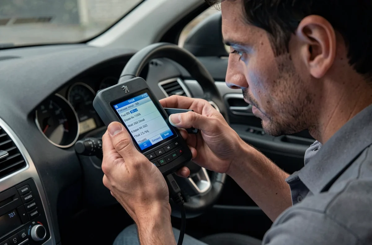 Scanner OBD2 connecté à une Peugeot affichant le code erreur P1351 sur l'écran de diagnostic