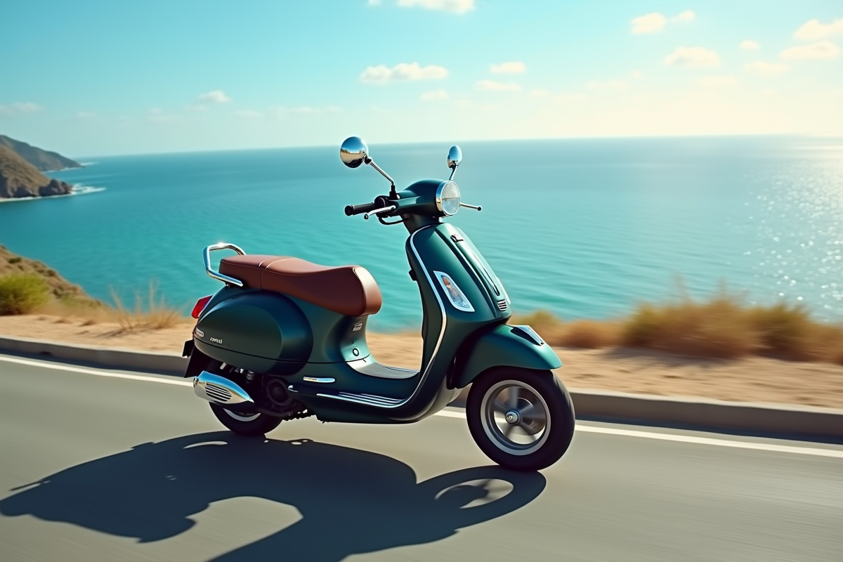 Scooter 125cc en mouvement sur une route côtière en plein jour