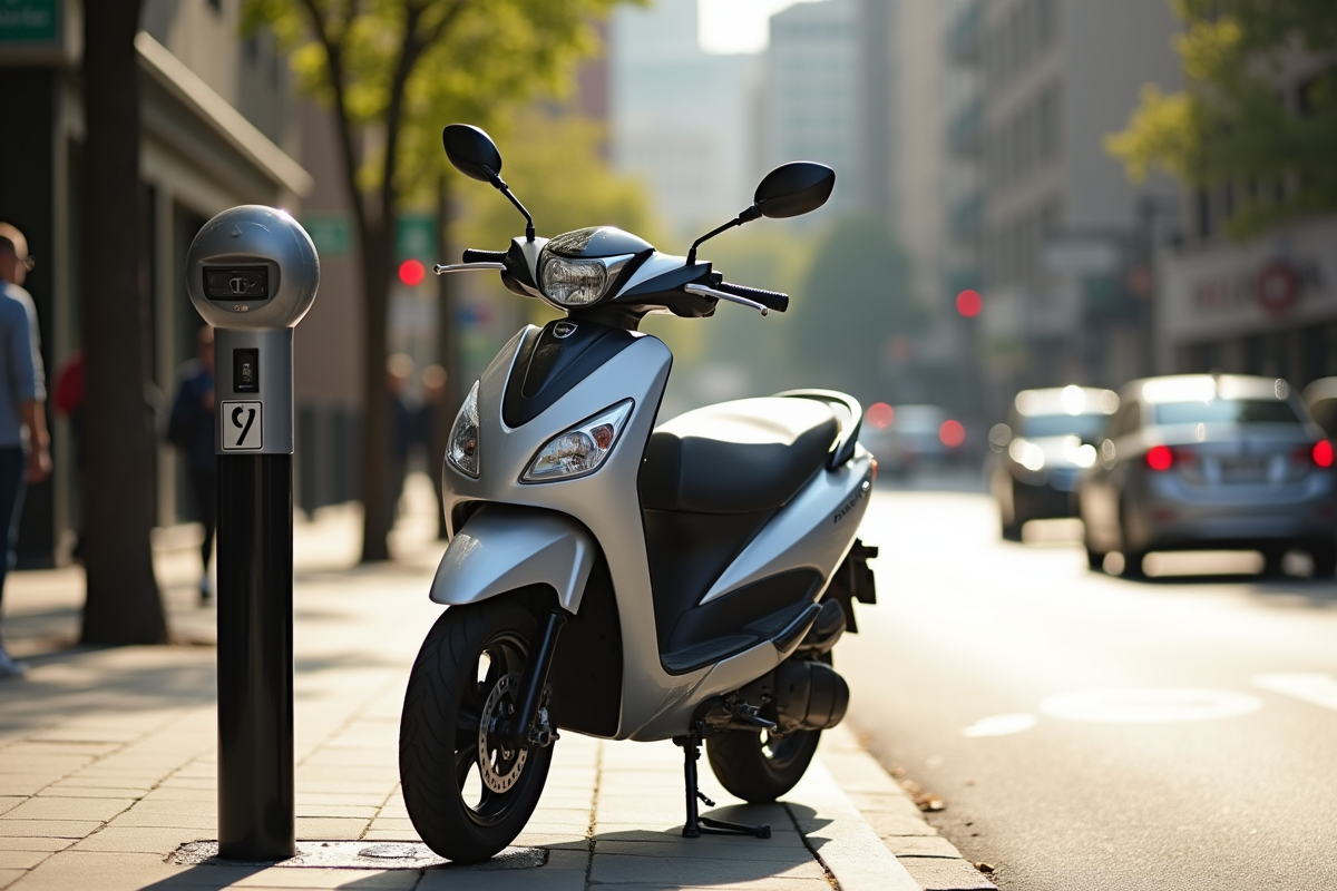 Scooter moderne garé en ville sous le soleil de midi