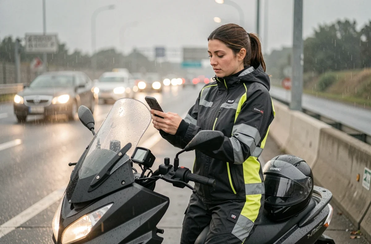 Scootériste féminine à l'arrêt dans une aire d'urgence sous la pluie consultant la navigation sur son guidon
