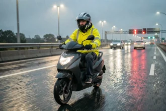 Scootériste en veste de pluie jaune haute visibilité roulant de nuit sur une autoroute mouillée avec reflets sur l'asphalte