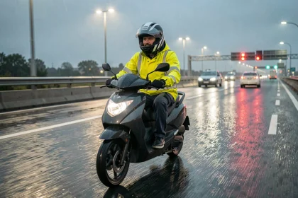 Scootériste en veste de pluie jaune haute visibilité roulant de nuit sur une autoroute mouillée avec reflets sur l'asphalte