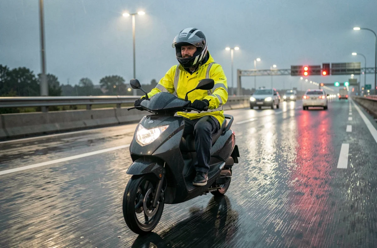 Scootériste en veste de pluie jaune haute visibilité roulant de nuit sur une autoroute mouillée avec reflets sur l'asphalte