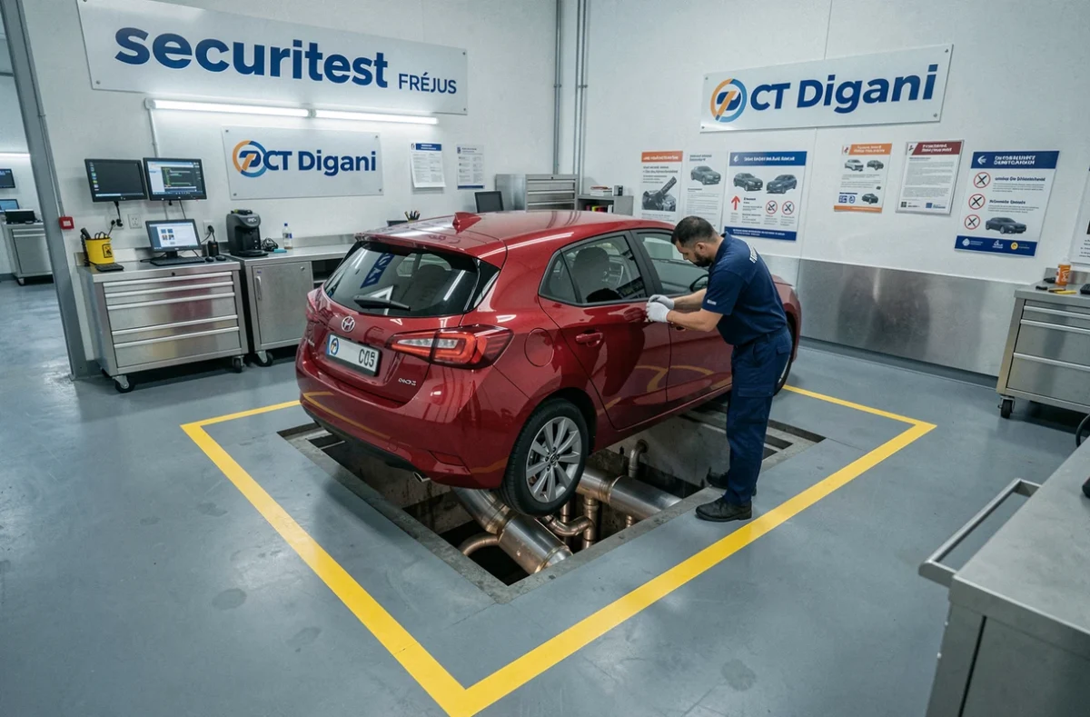 Baie d'inspection du centre Securitest CT Digani à Fréjus avec un technicien examinant le dessous d'un véhicule rouge