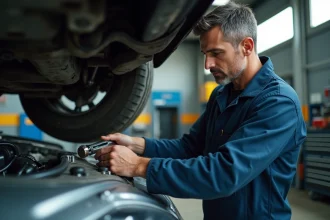 Mécanicien serrant le bouchon de vidange d'un moteur avec une clé dynamométrique sous un véhicule surélevé en atelier automobile