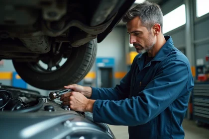 Mécanicien serrant le bouchon de vidange d'un moteur avec une clé dynamométrique sous un véhicule surélevé en atelier automobile