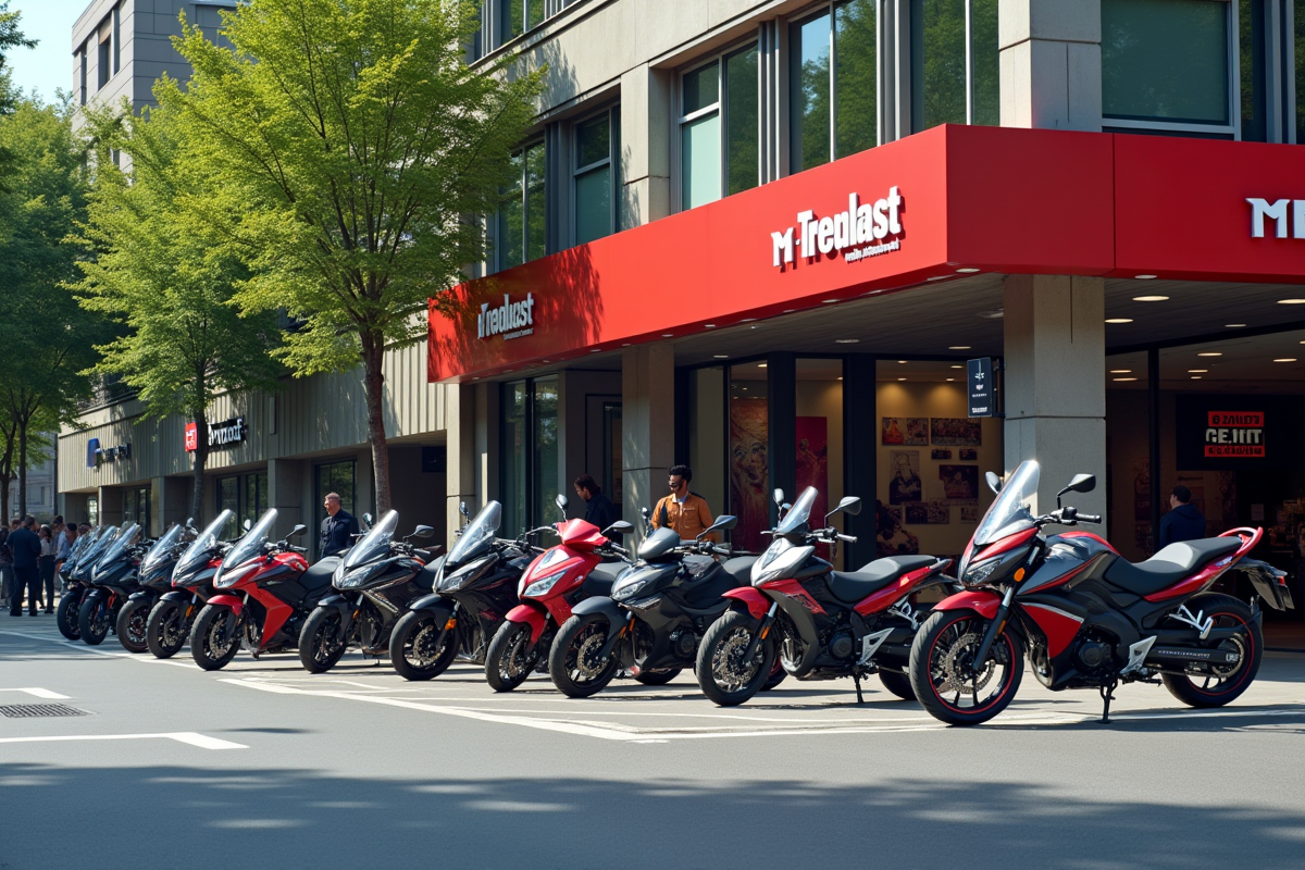 Scène urbaine avec motos et campagne publicitaire extérieure