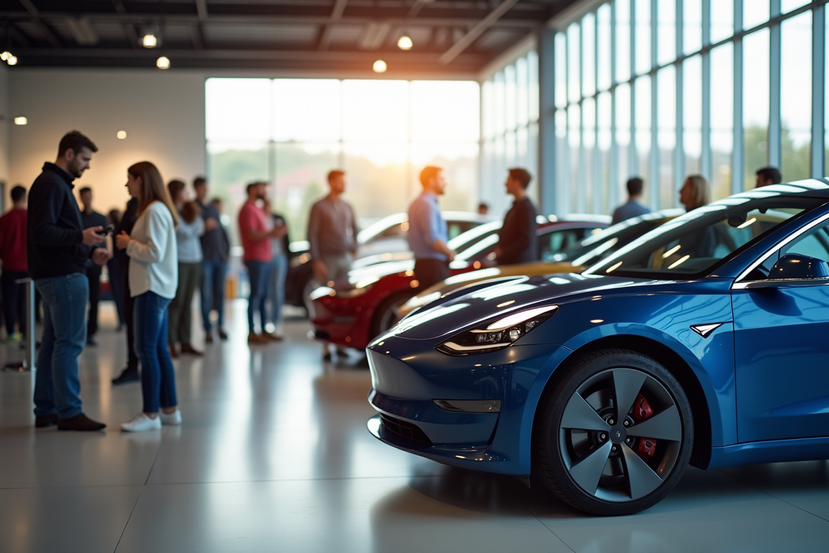 Vente de voitures Tesla dans un showroom moderne lumineux
