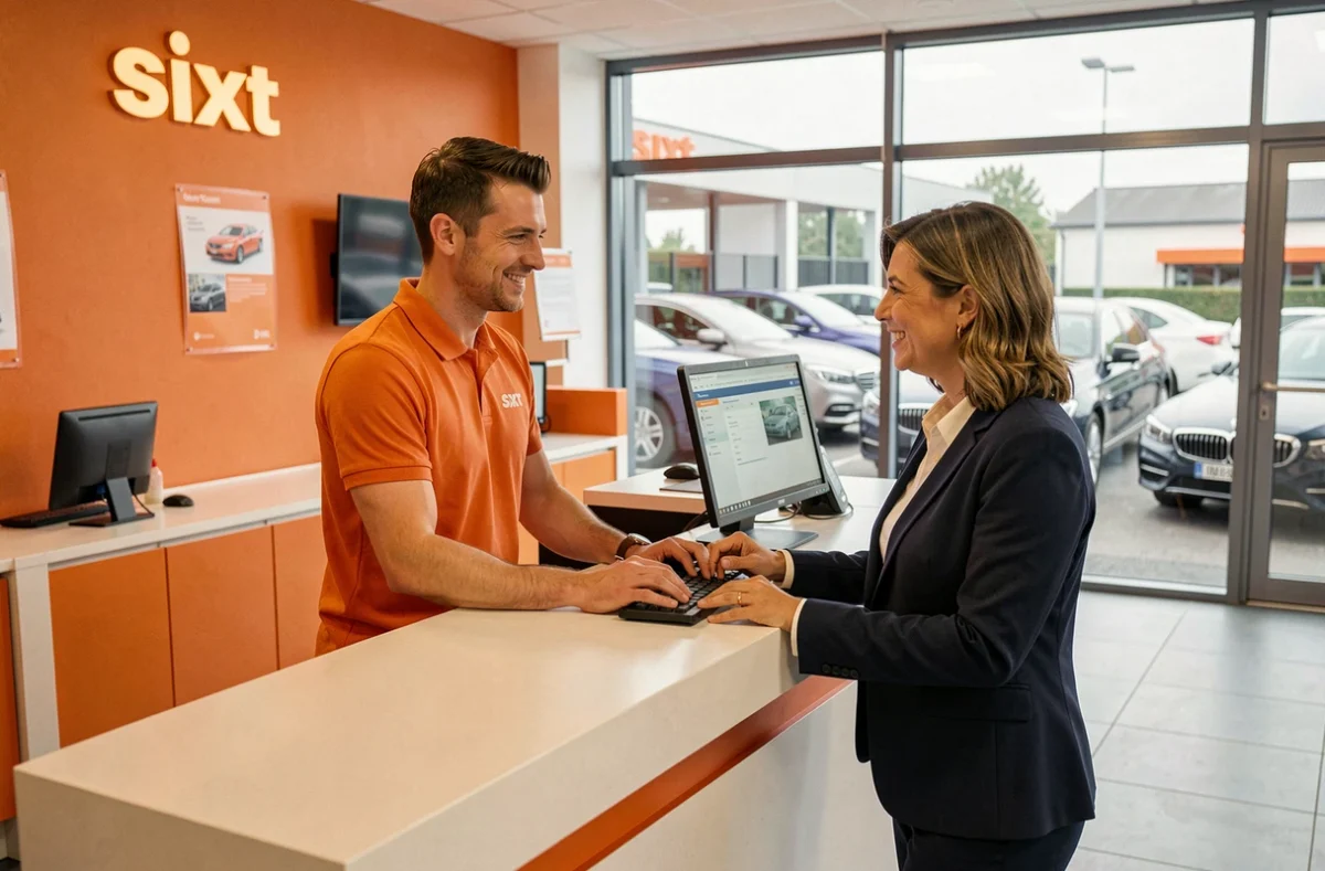 Un employé de l'agence Sixt Nanterre-Rueil Malmaison en polo orange aide une cliente au comptoir de location