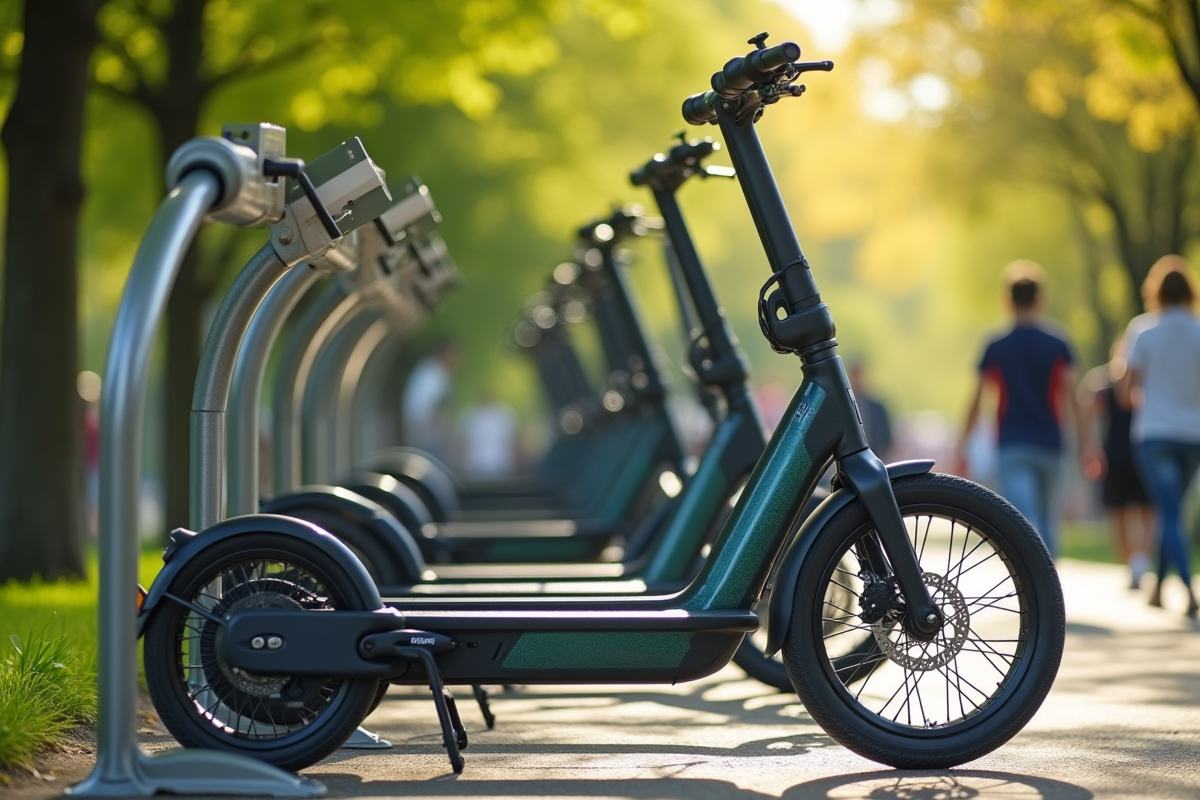 Support à vélos avec scooters électriques dans un parc ensoleille