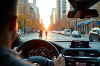 SUV moderne freinant automatiquement en ville avec alerte tableau de bord