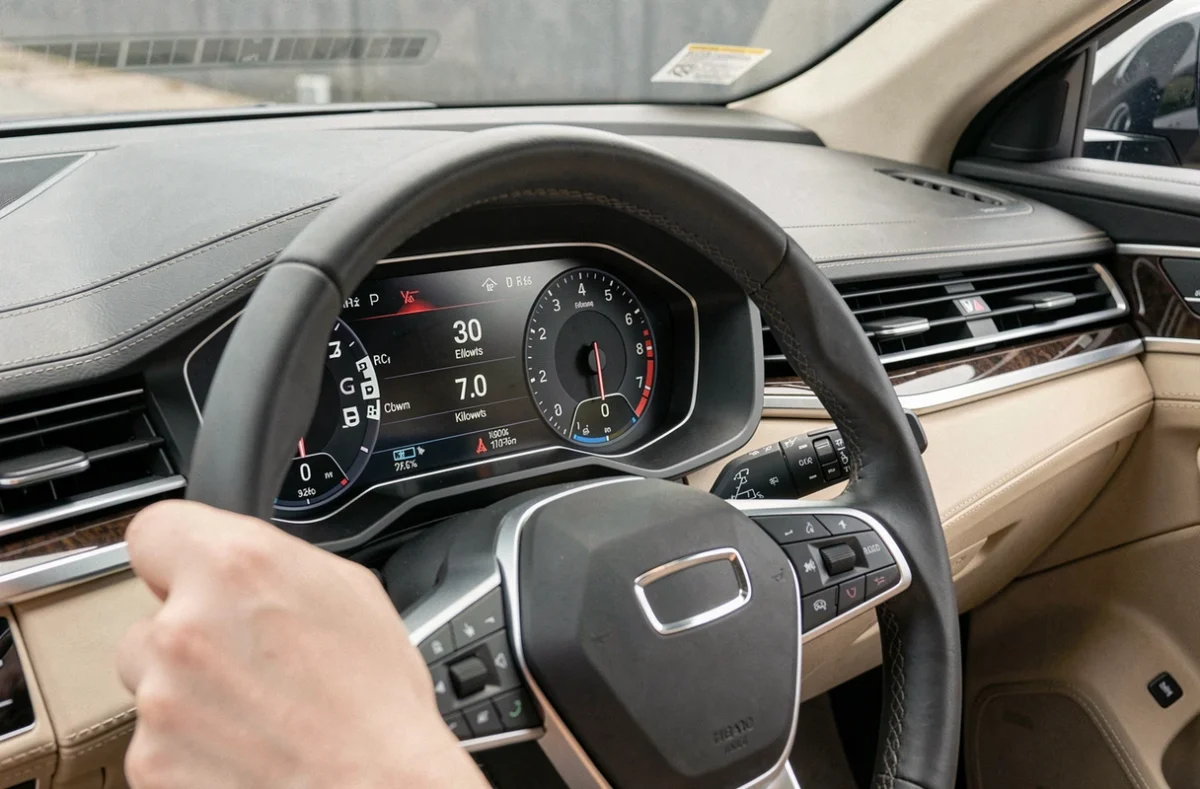 Tableau de bord d'une voiture moderne affichant la puissance en kilowatts et le compte-tours