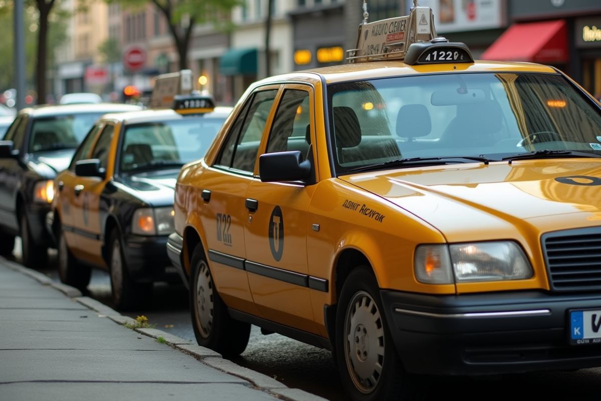 Taxi jaune et voiture noire de covoiturage au bord de la rue