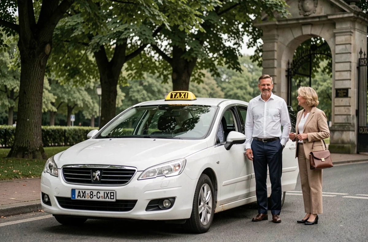 Un chauffeur de taxi Clodoaldien accueille une passagère près de l'entrée du parc de Saint-Cloud à côté de son taxi blanc