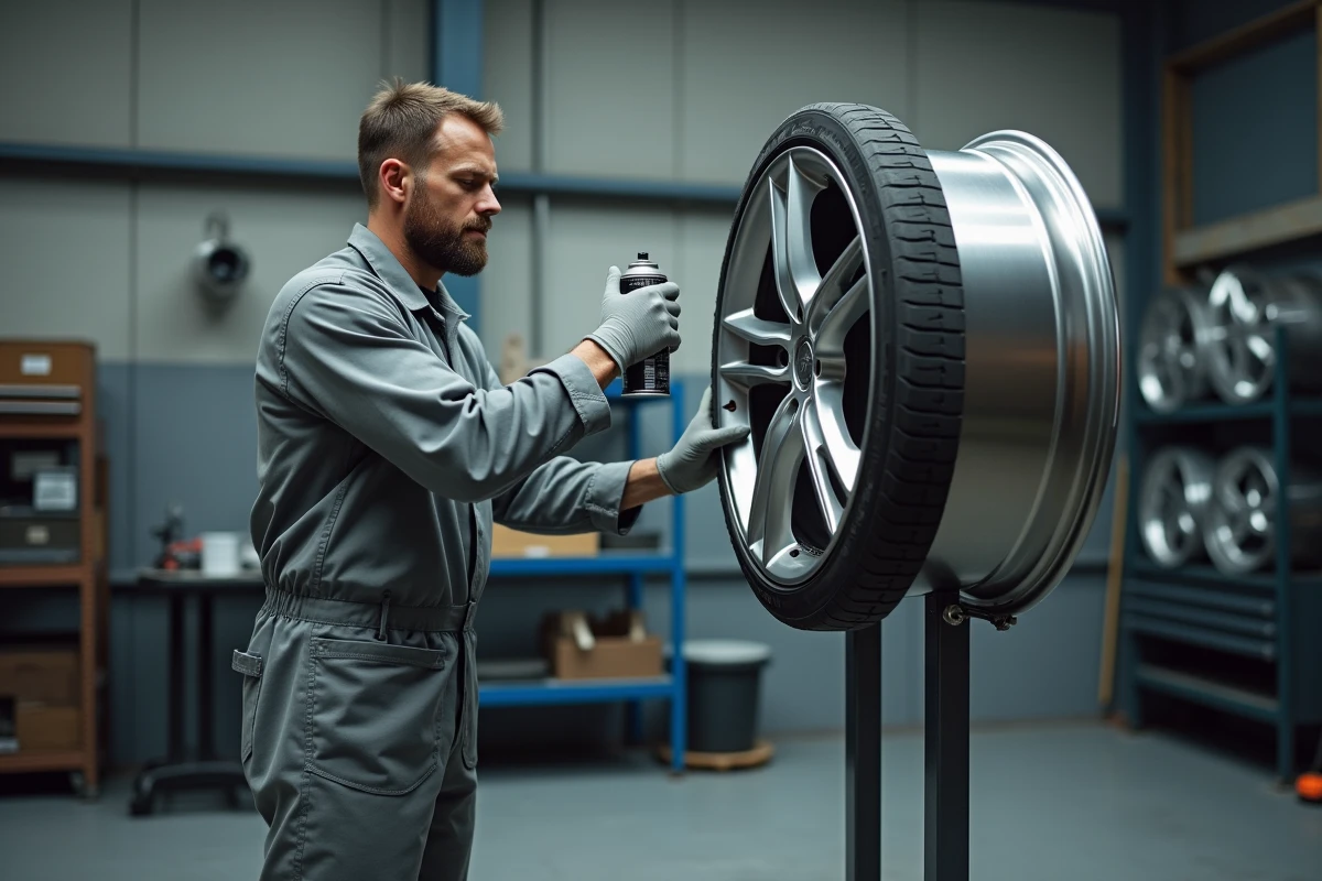 Technicien automobile appliquant une peinture aluminium sur une jante démontée dans un atelier de réparation