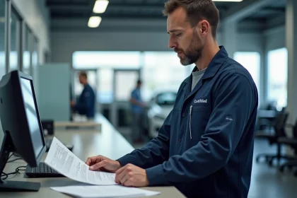 Technicien automobile agréé effectuant une demande de carte grise dans un garage habilité préfectoralement