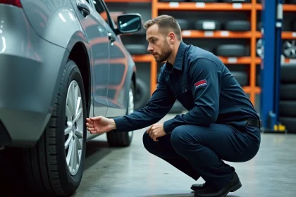 Technicien de Centrale Pneus examinant un pneu monté sur une voiture dans un centre de service automobile