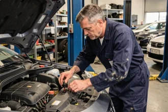 Technicien automobile inspectant la bobine d'allumage d'une Peugeot 308 en atelier pour diagnostiquer le code défaut P1351