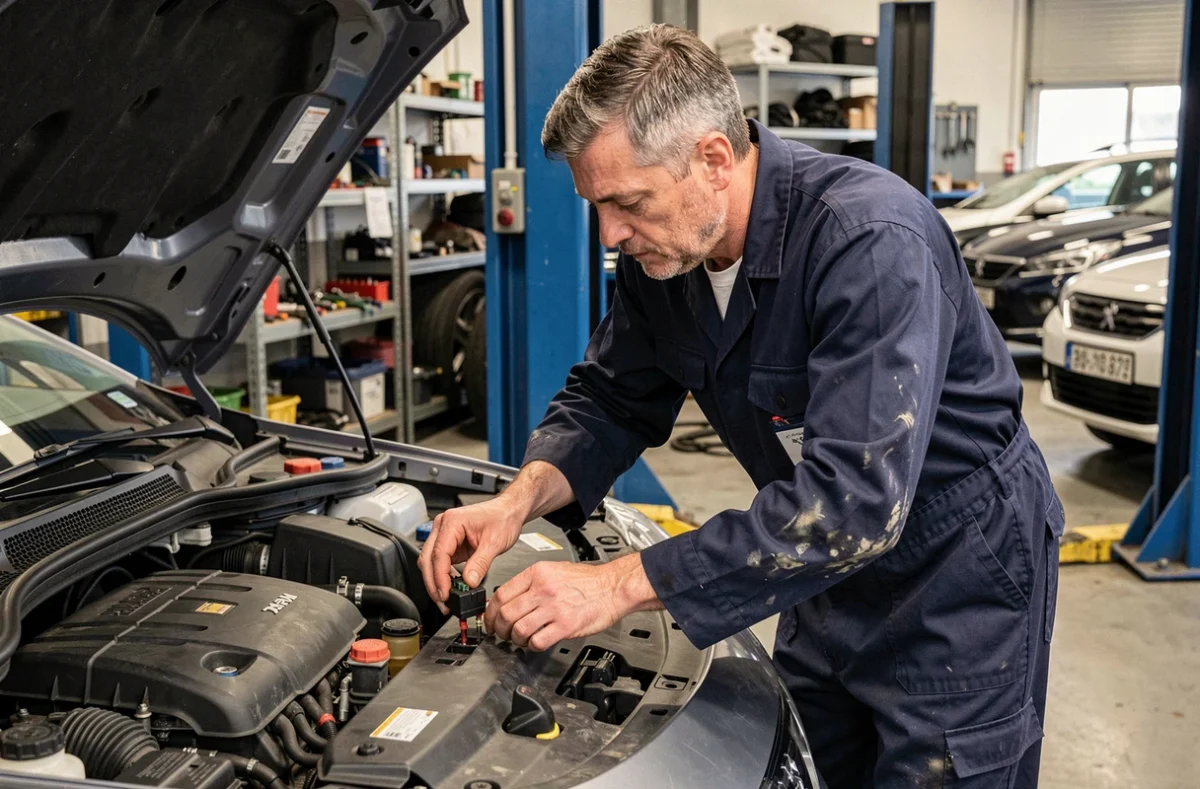 Technicien automobile inspectant la bobine d'allumage d'une Peugeot 308 en atelier pour diagnostiquer le code défaut P1351