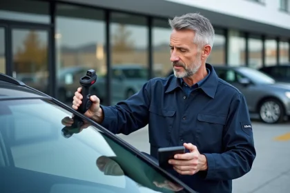 Technicien en uniforme effectuant un diagnostic sur une voiture