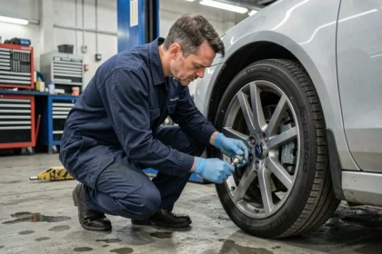 Technicien automobile inspectant un capteur ABS sur le moyeu d'un véhicule dans un garage professionnel