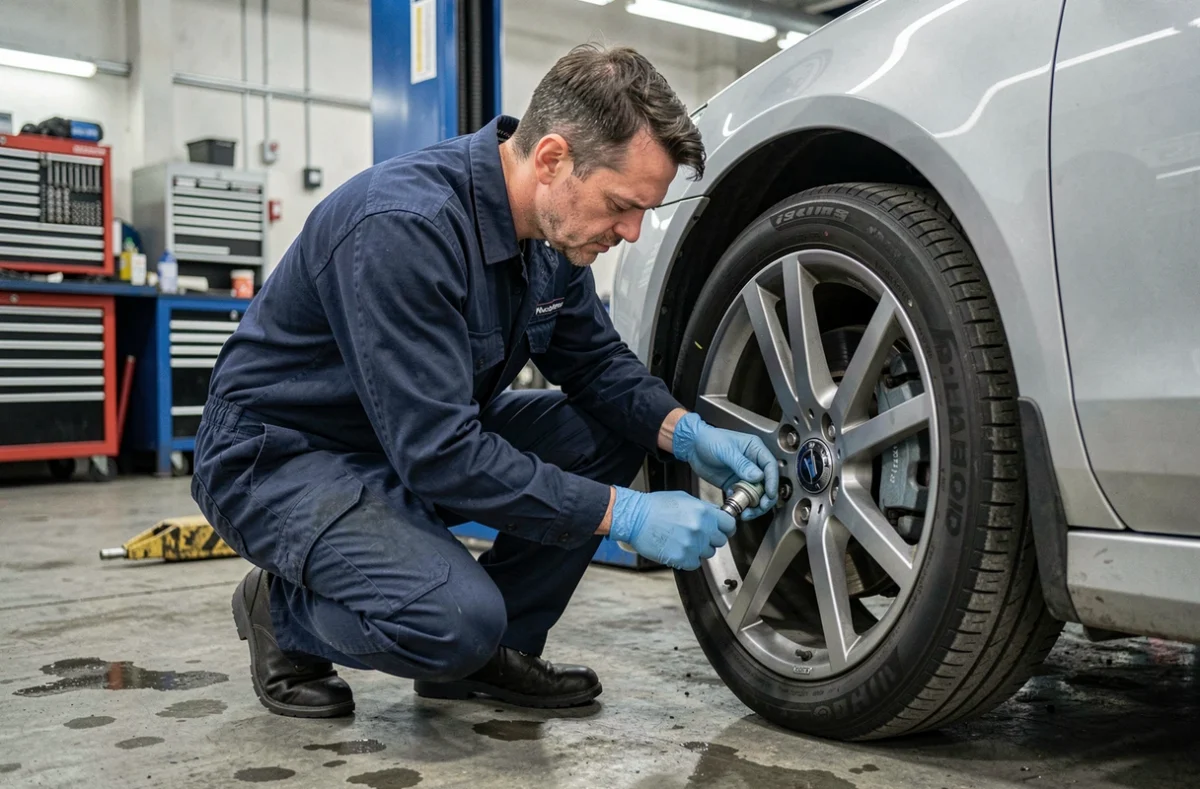 Technicien automobile inspectant un capteur ABS sur le moyeu d'un véhicule dans un garage professionnel