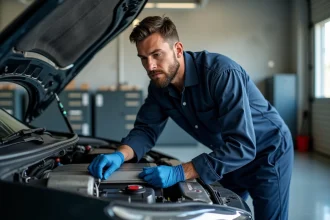 Technicien automobile réalisant un reprogrammation ECU sur un moteur turbo essence dans un garage professionnel