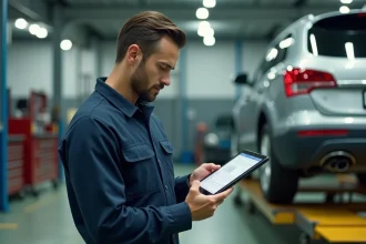 Technicien automobile consultant un document numérique sur tablette dans un atelier mécanique moderne