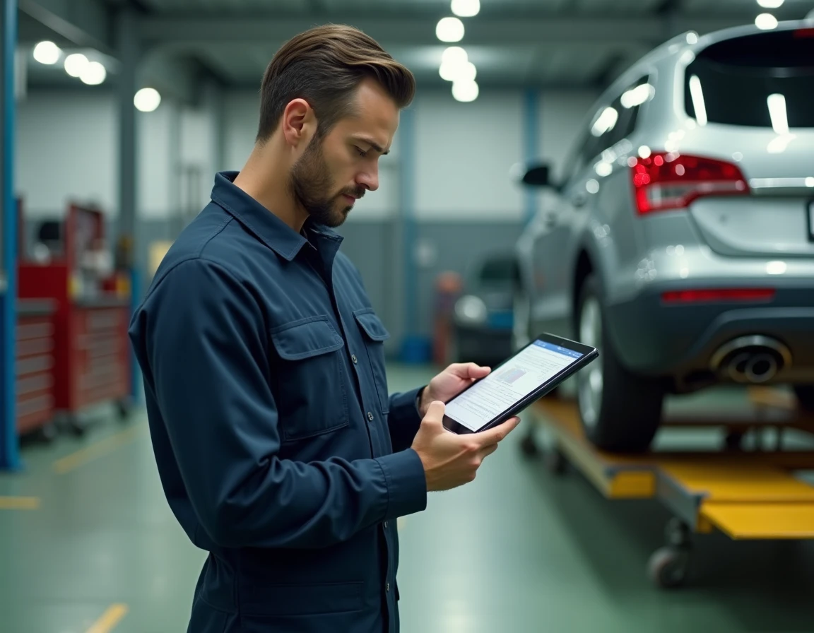 Technicien automobile consultant un document numérique sur tablette dans un atelier mécanique moderne