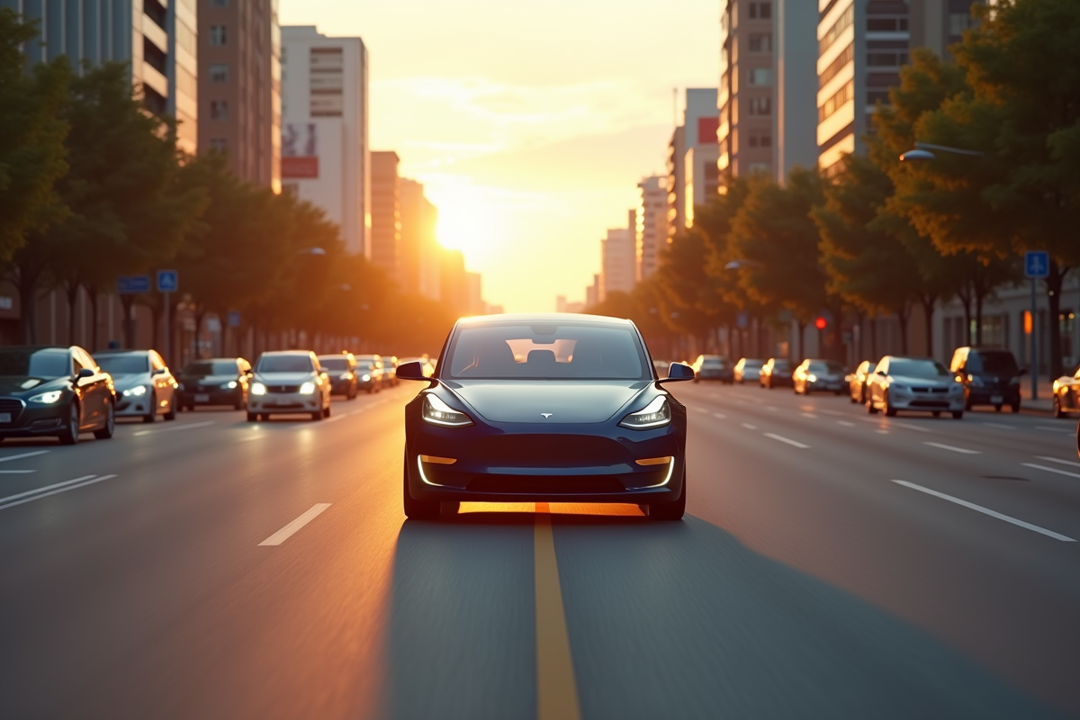 Tesla en conduite sur un boulevard urbain au coucher du soleil