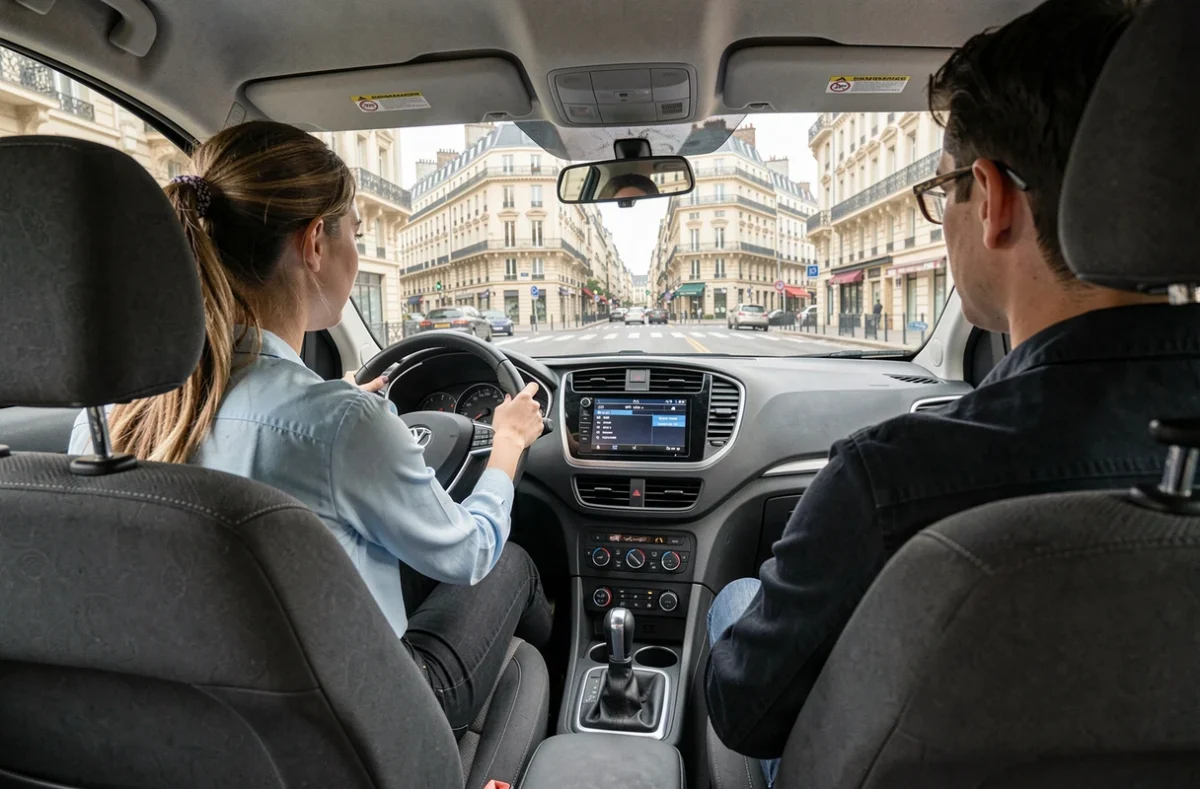 Une élève conductrice assise derrière le volant d'une voiture d'auto-école à Lyon, accompagnée de son moniteur, avec des immeubles lyonnais visibles à travers le pare-brise