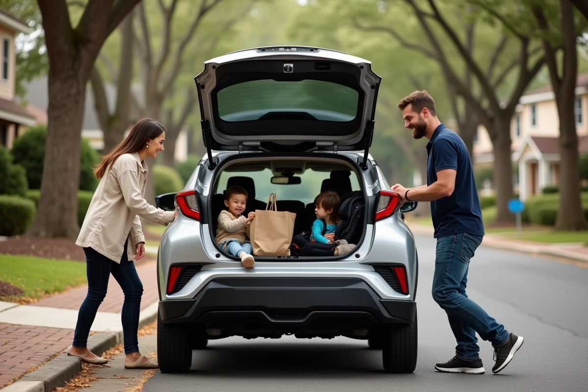 Famille chargeant un Toyota C-HR 2026 avec une poussette et des courses dans un quartier résidentiel