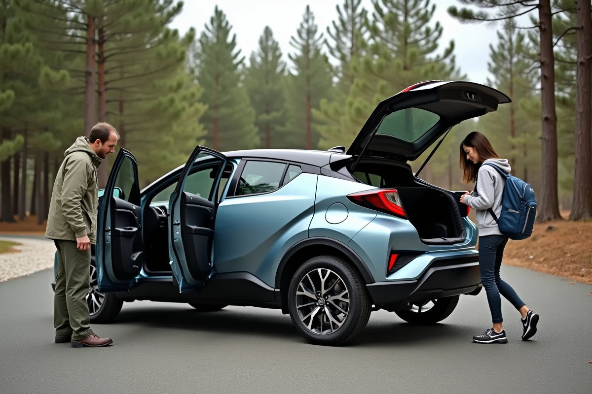 Toyota C-HR 2026 garé à l'entrée d'un sentier naturel avec une famille prête pour une sortie en plein air